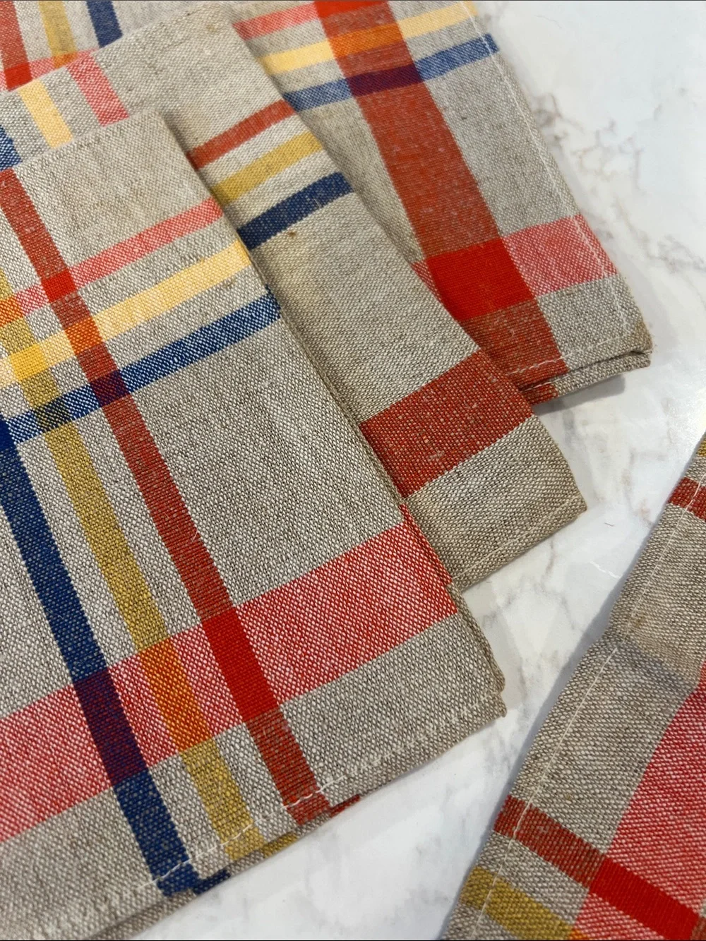 Plaid Linen Napkins in Red, Yellow & Navy- Set of 4